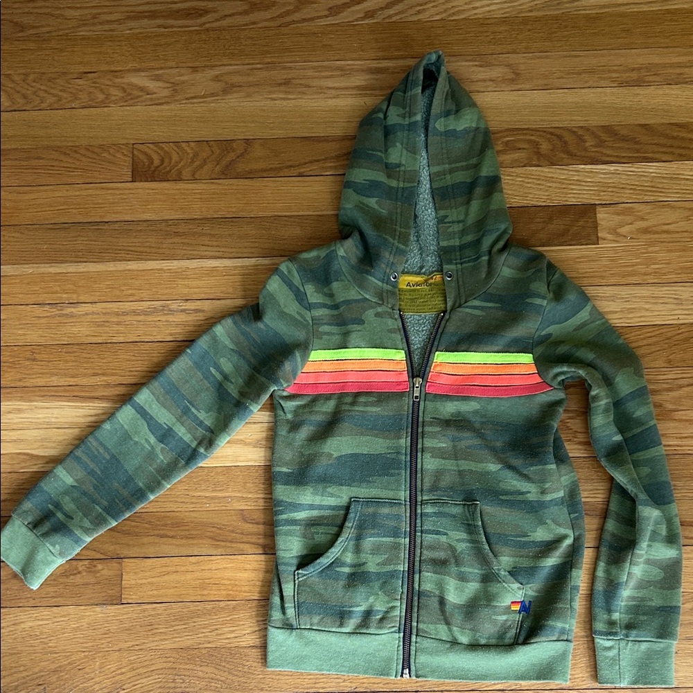 Aviator Nation Kids Green Camouflage zip up Hoodie with Stripes